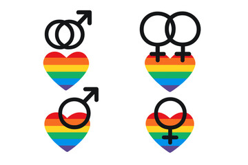 LGBTQ+ pride icon set with rainbow hearts. Gay and lesbian relationship symbols. Homosexual love concept. Male and female gender signs. Vector illustration for pride month.
