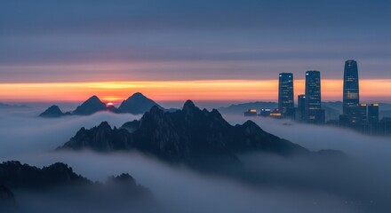 Majestic sunrise over fog-shrouded mountains and a modern city skyline, showcasing a stunning contrast between nature and urban architecture at dawn.