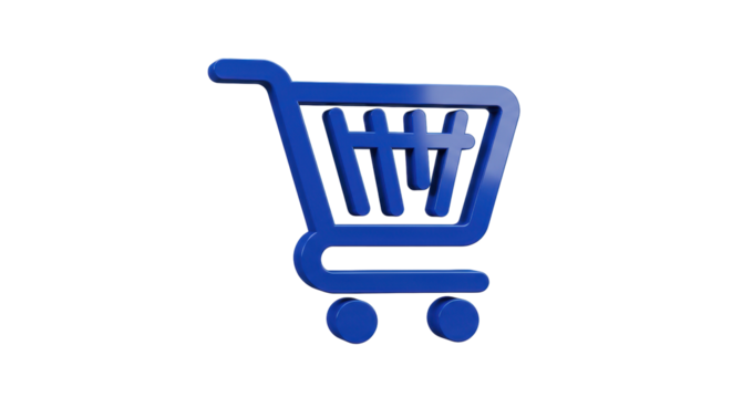 Blue shopping cart PNG isolated on transparent background, online store e-commerce icon for retail and purchase