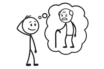 Man thinks about his future as an old person. Concept of aging, life stages and retirement. Stick figure character imagines his elderly future self with a walking cane.