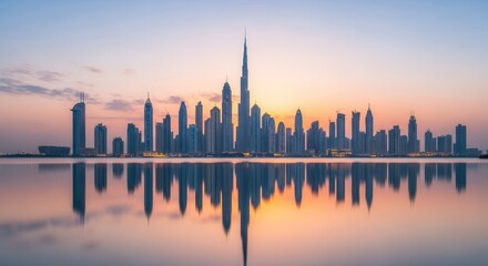 Expansive cityscape featuring numerous skyscrapers reflecting in placid water under a gradient sky
