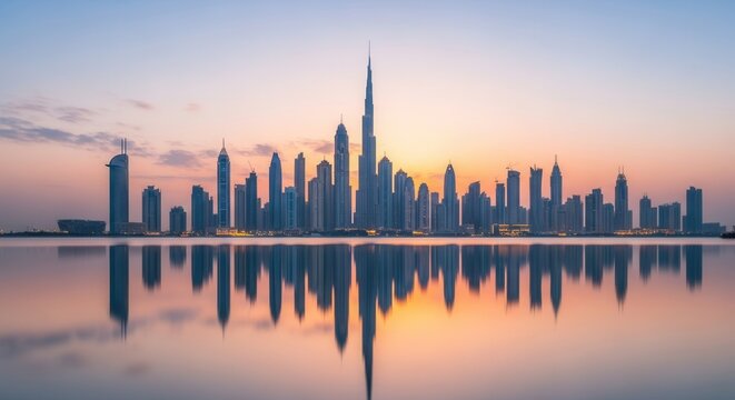 Expansive cityscape featuring numerous skyscrapers reflecting in placid water under a gradient sky