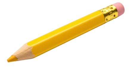 Short yellow pencil with pink eraser isolated on transparent PNG, writing instrument for school and office supplies