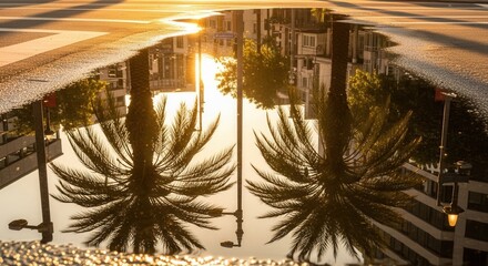 Golden hour reflection of two palm trees city buildings and a streetlamp in an asphalt puddle on a street