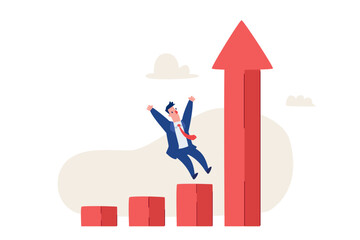 Obraz premium businessman celebrating success with skyrocketing bar chart