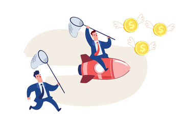 businessman riding rocket with butterfly net chasing flying money while competitor runs behind