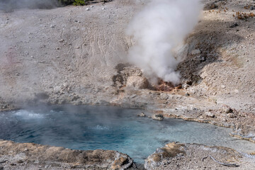 Fototapeta premium Beryl Spring, Yellowstone National Park , Wyoming. Hydrothermal System. hot-spring deposits 
