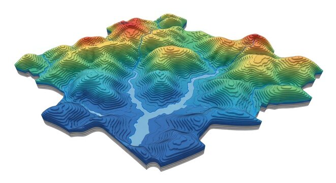 Colorful 3D Topographical Map with Layered Contours, Rivers, and Mountains on White Background - Geographic Terrain Model for Data Visualization and Earth Science Education