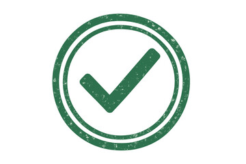 Green approved stamp with checkmark icon. Grunge rubber seal for quality control. Certified, passed, and validated vector symbol. Success confirmation label illustration.