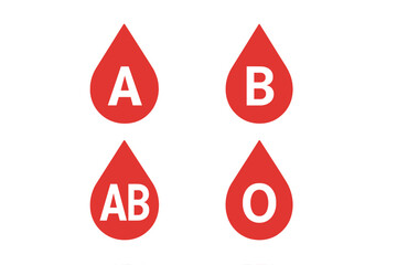 Blood group types vector icon set. A, B, AB, O blood drops. Medical healthcare symbol for donation, test, analysis. Red liquid drop pictogram. Health care illustration.