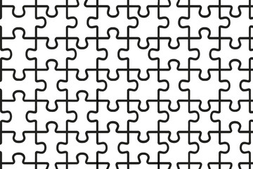 Jigsaw puzzle seamless pattern. Vector background of connected black pieces. Metaphor for teamwork, problem-solving, and strategy. Concept of connection, unity, and solution.