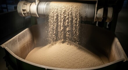 Industrial screening machine sifting and dispensing granular material into a large container, highlighting efficient manufacturing process.