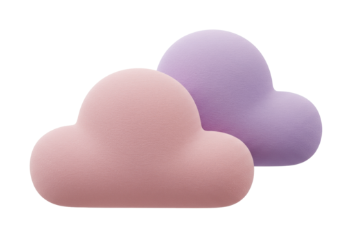 Two cloud-shaped sponges isolated on transparent background, pink and purple makeup applicators for beauty and skincare routines