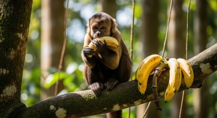 Wild capuchin monkey eating a yellow banana on a mossy tree branch in a vibrant green jungle, with a natural blurred forest background and dappled sunlight.
