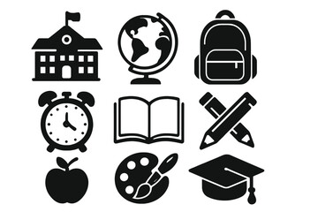 School and education black glyph icon set. Vector collection of learning symbols like university, book, globe, backpack, graduation cap and apple. Back to school concept.
