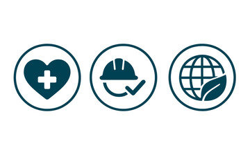 HSE icon set for Health, Safety, and Environment. Vector illustration for business and industrial standards. Compliance, regulation, and protection symbols for web banner.