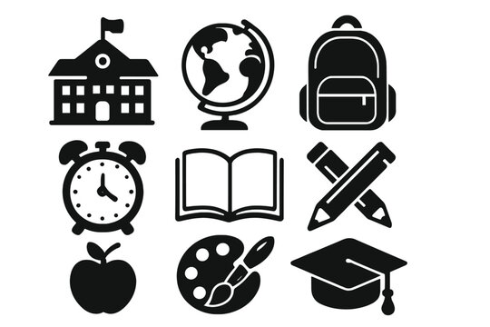 School and education black glyph icon set. Vector collection of learning symbols like university, book, globe, backpack, graduation cap and apple. Back to school concept.