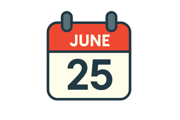 June 25 calendar icon. Daily date page symbol. Event reminder schedule appointment. Flat vector design for web and app. Day of the year planner organizer sign. Deadline concept.