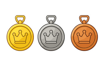 Gold, silver, bronze medal set with crown icon. First, second, third place award. Winner prize for champion. Achievement victory symbol. Competition trophy vector illustration.