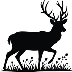 Elegant black deer with antlers and grass ideal for design on transparent background silhouette