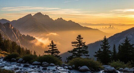Majestic Mountain Landscape at Golden Hour with Hazy Valley, Flowing River, Pine Trees, and Distant City Skyline