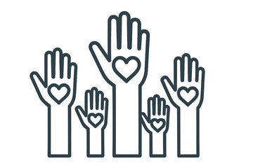 Obraz premium Concept of charity, volunteering, love, and kindness. Raised hands with heart icons. Vector illustration for community, unity, help, support, donation and social teamwork.