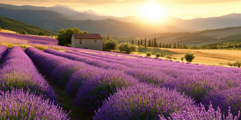 Fototapeta premium Countryside with Lavender and Rustic Farmhouse. AI generative.