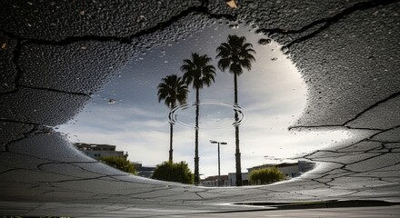 Reflection of three palm trees and buildings in a cracked asphalt puddle with concentric ripples