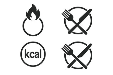 Kcal icon sign vector set. Burn kilocalorie symbol, food nutrition sign with fork and knife. Dieting, weight loss, and fitness concept for healthy meal label illustration.
