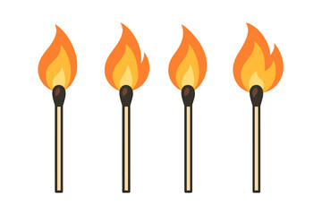 Burning matchstick vector icon collection. Wooden stick with fire flame symbol. Metaphor for a new idea, a fresh start, or ignition. Heat and energy concept. Isolated.