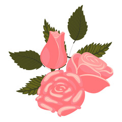 A composition of two light pink roses, a bud, and leaves. Vector illustration on a white background.