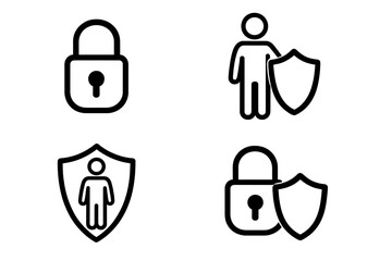 Security and protection line icon set. Vector symbols of lock, shield, and user for privacy, safety, and data defense. Cybersecurity, insurance, and guard concept isolated.