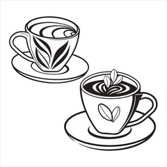 Vector Illustration of Coffee Cups with Leaf Designs