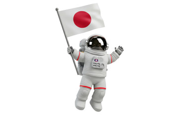 Astronaut in spacesuit holding Japan flag PNG isolated on transparent background, space exploration and patriotism concept