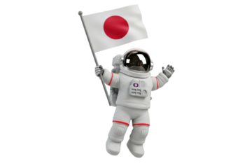 Astronaut in spacesuit holding Japan flag PNG isolated on transparent background, space exploration and patriotism concept