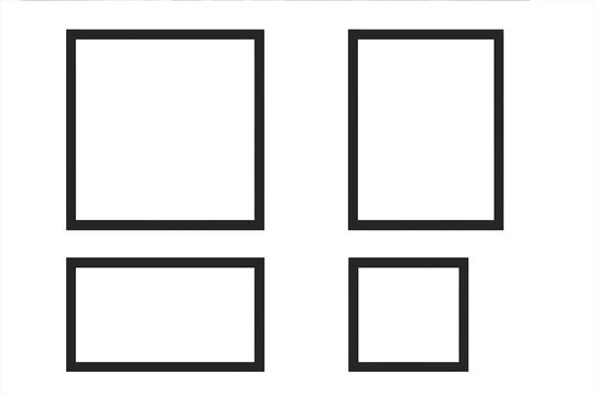 Set of black photo frames. Modern minimalist picture frame mockup collection. Blank empty border for wall gallery decor. Vector illustration collage template on transparent background.