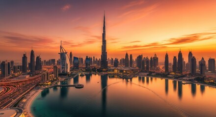 Obraz premium Sunset cityscape A prominent skyscraper high-rise buildings a unique curved structure busy highways and water reflections beneath an orange sky
