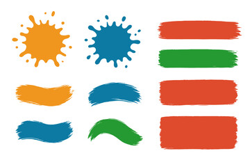 Collection of colorful paint brush strokes and splatters. Set of grunge artistic design elements. Hand-drawn textured ink stains and acrylic daubs for banners and backgrounds.