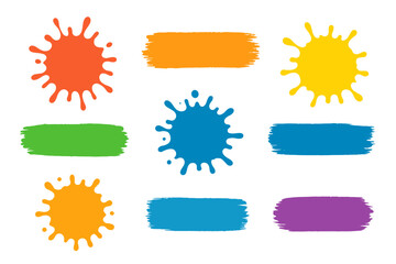 Colorful paint splash and brush stroke vector set. Abstract ink splat, grunge blot collection. Liquid spray stain design elements. Isolated illustration for banner or background.