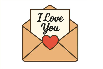 I Love You message in an open envelope. Romantic love letter with a red heart. Greeting card vector illustration for Valentine's Day. Concept of romance, feelings, love.