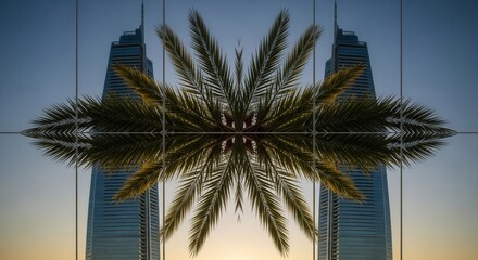 Symmetric reflection of modern glass buildings and lush palm fronds creating a patterned design against a gradient sky from blue to warm light