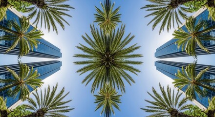 Obraz premium Symmetrical arrangement of green palm fronds and reflective blue glass skyscrapers against a clear sky forming a kaleidoscopic pattern