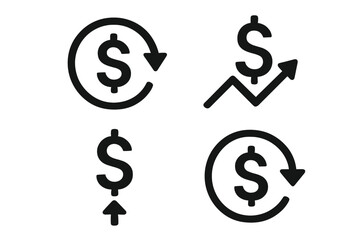 Return on investment icon set. ROI concept with dollar signs and arrows. Financial growth, profit, and income symbols. Business investment, cash back, and money refund vector.