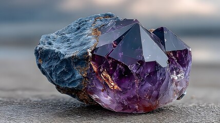 A dazzling amethyst crystal specimen with , geometric faces rests beautifully alongside a rough, textured rock formation on a sleek, grey surface.