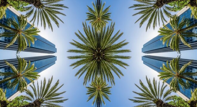 Symmetrical arrangement of green palm fronds and reflective blue glass skyscrapers against a clear sky forming a kaleidoscopic pattern