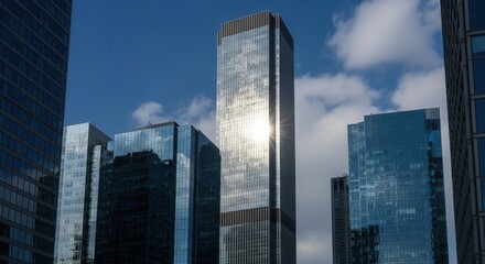 Obraz premium Tall glass skyscrapers reflect bright sunlight and a blue sky with scattered clouds creating a modern urban landscape