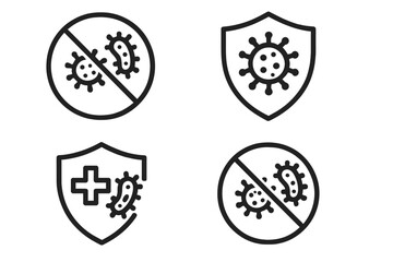 Set of antibacterial and antiviral protection icons. Immune system defense shield. Stop virus, germs, bacteria sign. Medical health safety vector for hygiene and disinfectant.