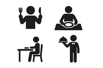 Restaurant and dining icon set. People eating symbols collection. Stickman with fork, knife. Person at table. Waiter serving food. Food service pictogram for graphic design.