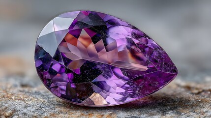 An exquisite teardrop shaped amethyst gemstone gleams with facets of deep violet and purple hues resting delicately on a textured surface captu light beautifully.