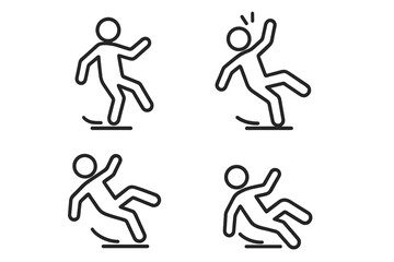 Slippery when wet floor icon set. Man falling down vector illustration. Stick figure person slip and fall accident. Danger warning safety sign. Caution wet surface symbol.